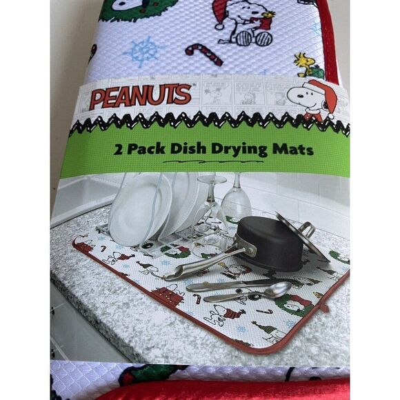 2 Pack Peanuts SNOOPY CHRISTMAS Dish Drying Mats 16 X 18” Wreath Dog House NEW - Picture 2 of 11